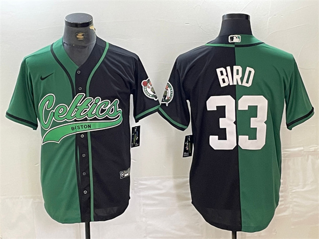 Men's Boston Celtics #33 Larry Bird Green/Black Split Stitched Baseball Jersey Men's Boston Celtics #33 Larry Bird Green/Black Split Stitched Baseball Jersey